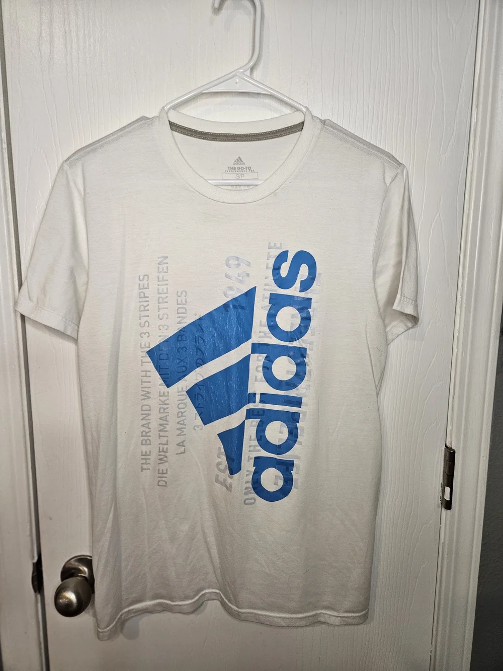 Adidas Men's White Graphic Logo T-Shirt with Blue Print